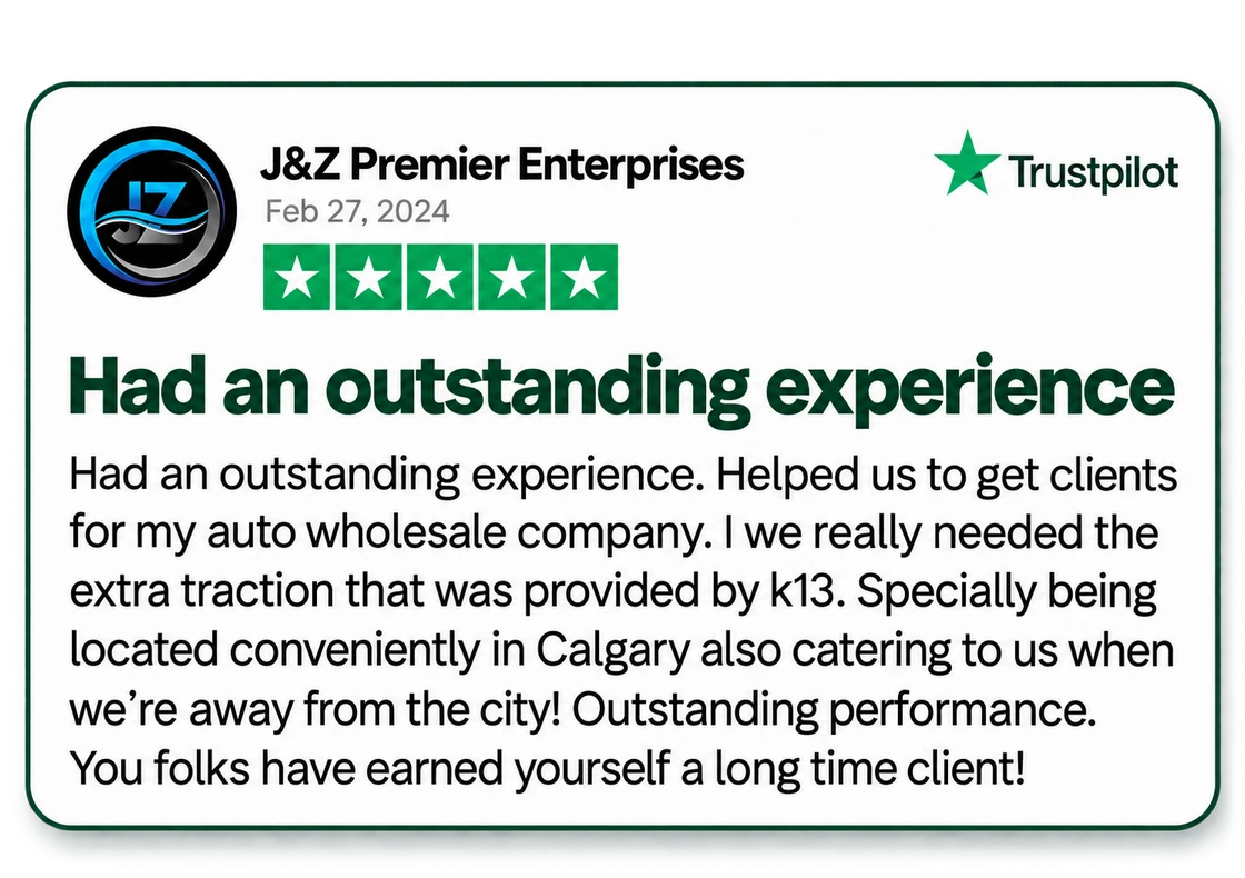 Five-star Trustpilot review from J&Z Premier Enterprises: Had an outstanding experience. You folks have earned yourself a long time client!